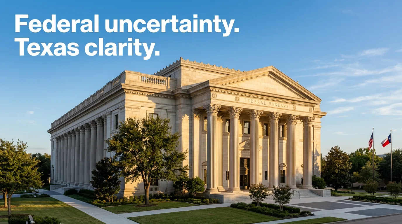 Federal Reserve building exterior with columns against a clear blue sky