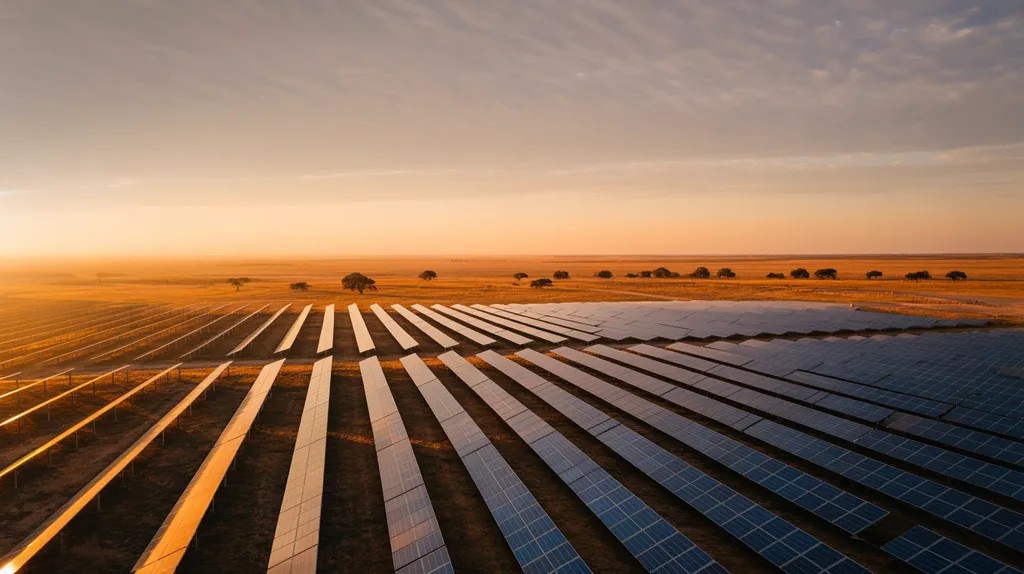 Aerial drone view of a solar panel field at sunset with sunbeams reflecting off the photovoltaic panels