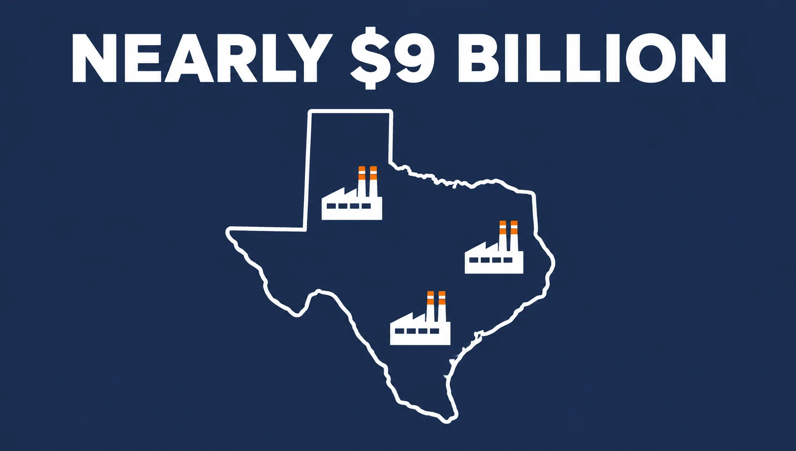 Infographic reading Nearly $9 Billion, with a Texas state outline and manufacturing facility icons, summarizing three pharmaceutical investments in the Generation Park corridor