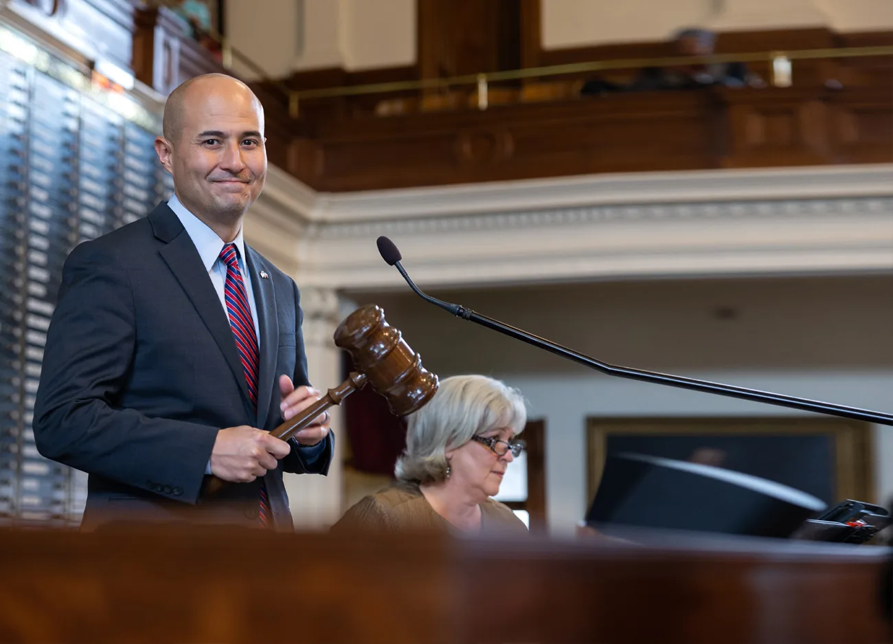 Jacey Jetton presiding at the dais of the Texas House of Representatives chamber