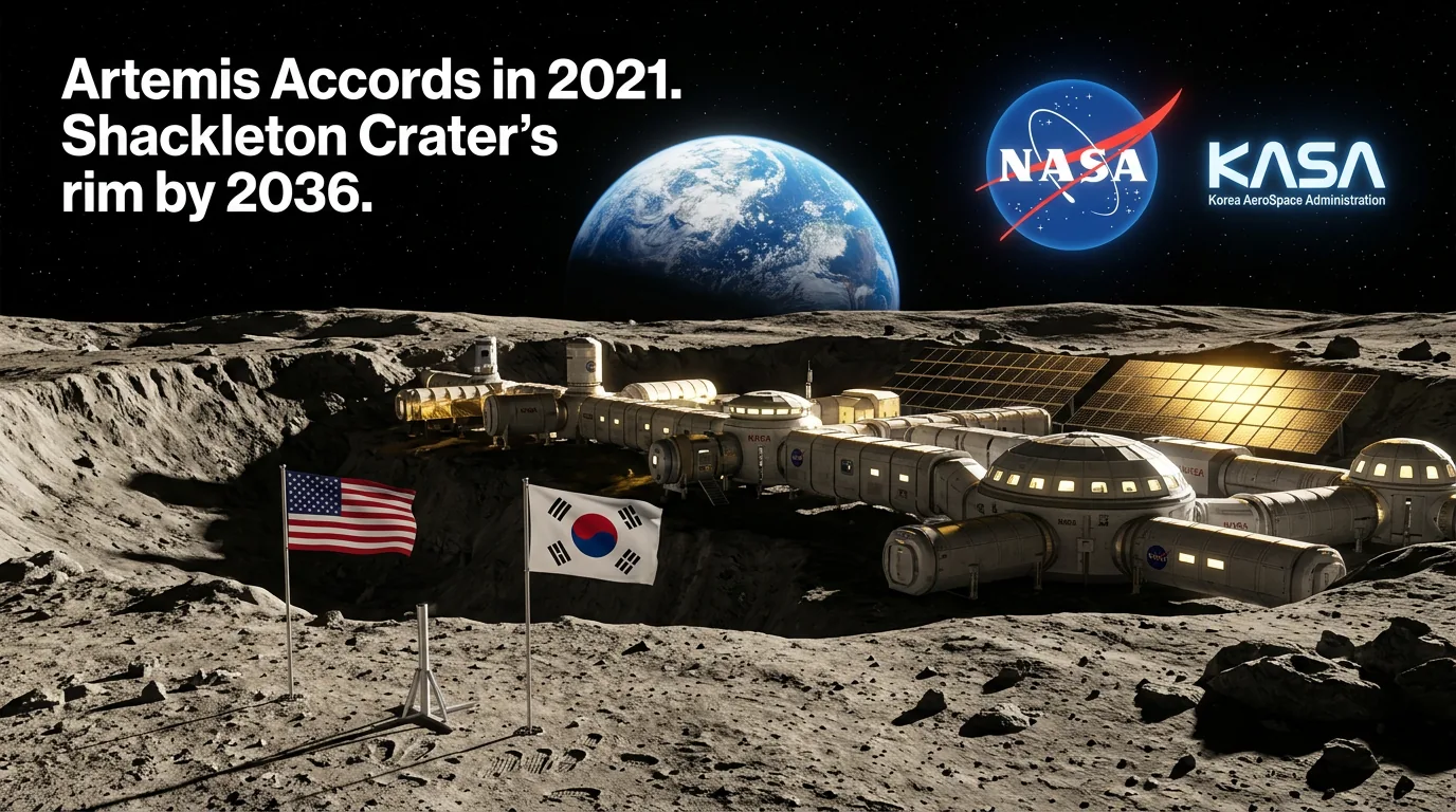 Artist rendering of a permanent lunar base on Shackleton Crater's rim with American and Korean flags, Earth in the background