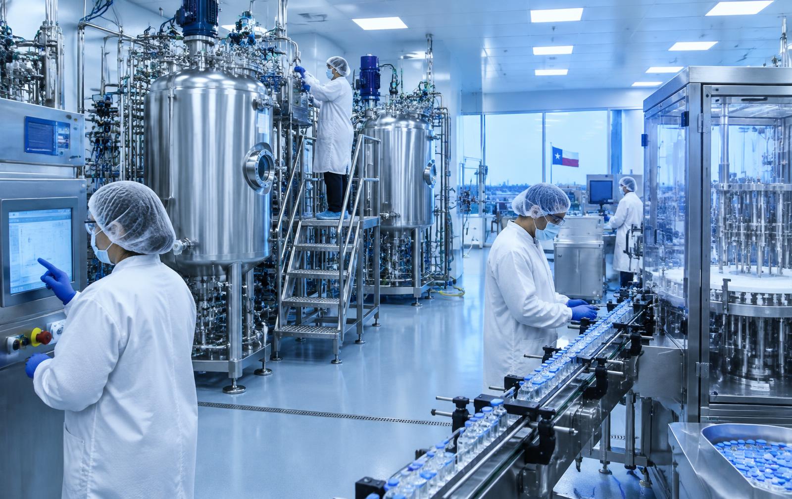 Scientists in clean-room coats working with stainless steel bioreactor tanks and vial filling lines in a pharmaceutical manufacturing facility