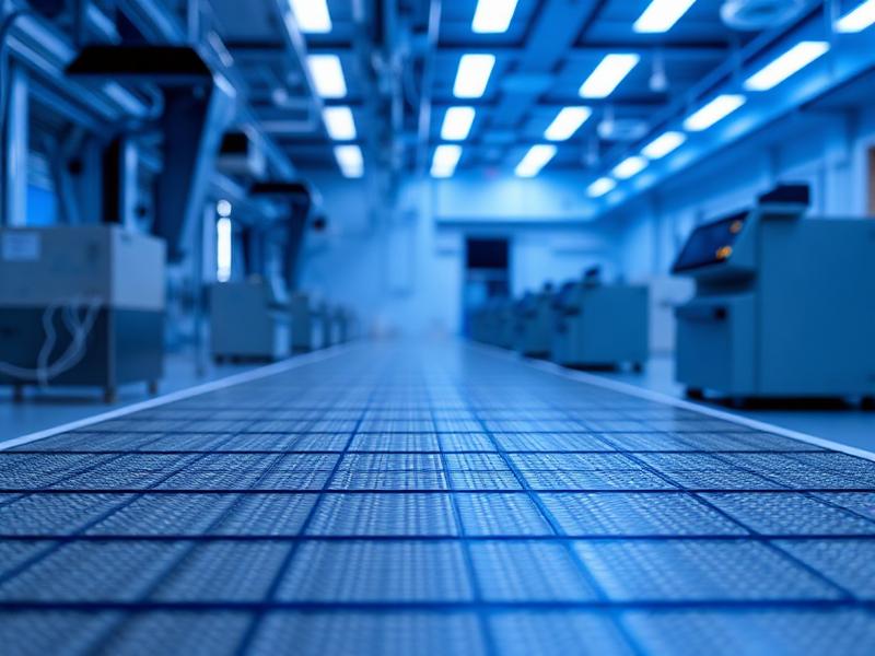 Cleanroom technician in a full bunny suit inspecting a silicon wafer at a semiconductor fabrication plant
